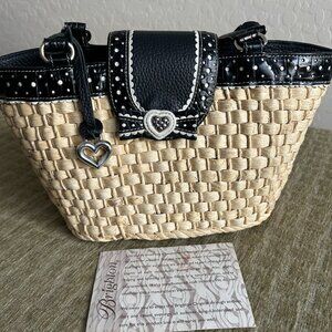 Brighton Woven Straw Shoulder/Cross Body Bag Tote Black Leather Polkadot Trim